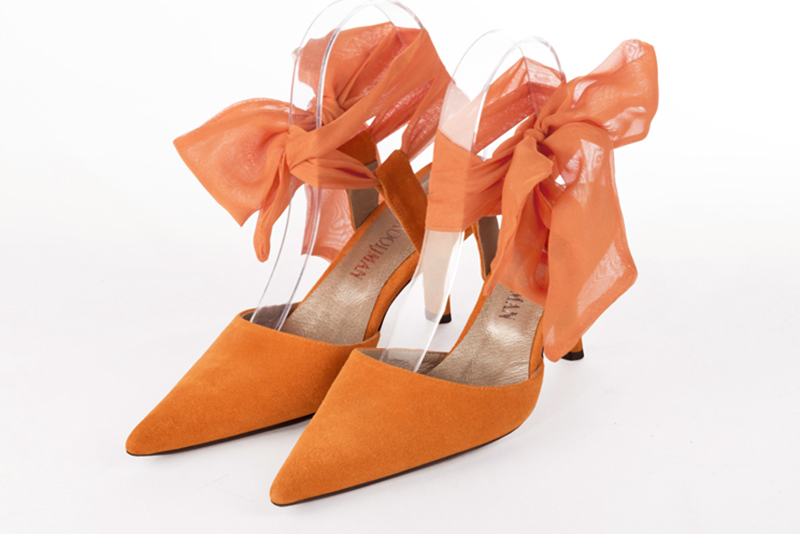 Apricot orange women's open back shoes, with an ankle scarf. Pointed toe. High slim heel. Front view - Florence KOOIJMAN